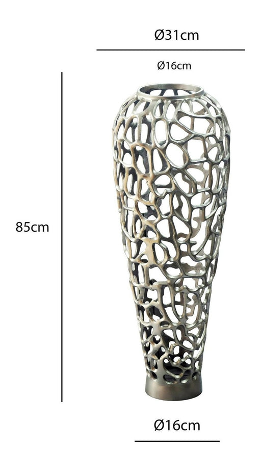Technische Zeichnung der Bodenvase Aluminium 85 cm Silber mit Maßangaben und organischem Lochmuster.