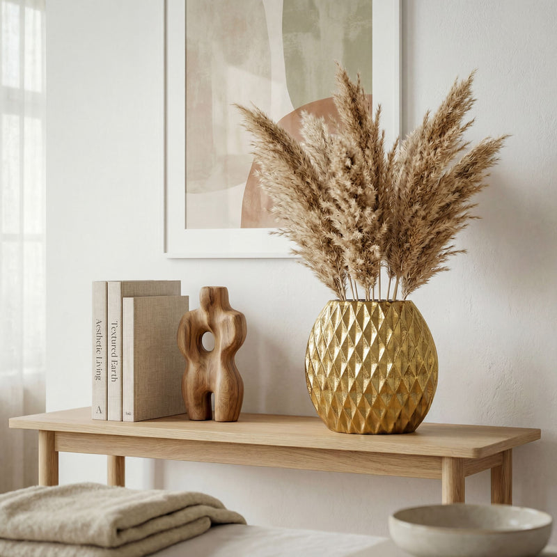 Tischvase Aluminium Gold mit Rautenmuster, Wohnling Deko-Vase 32 cm
