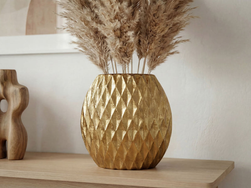 Tischvase Aluminium Gold mit Rautenmuster, Wohnling Deko-Vase 32 cm