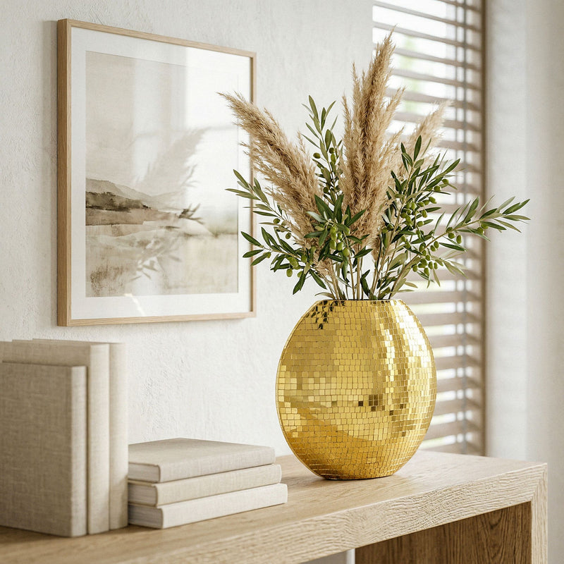 Tischvase Mosaik Gold 40 cm – Wohnling Dekovase im Disco-Design