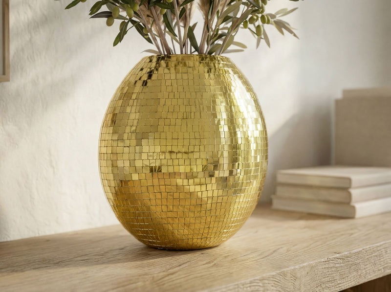 Tischvase Mosaik Gold 40 cm – Wohnling Dekovase im Disco-Design
