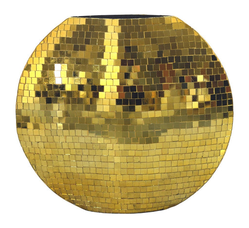 Tischvase Mosaik Gold 40 cm mit kugeliger Form und durchgehender goldener Mosaik-Oberflaeche in Gesamtansicht.