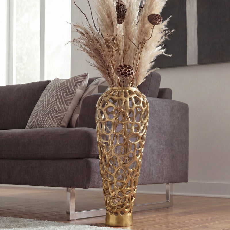Bodenvase Aluminium Gold 85 cm, XXL Standvase handmade fürs Wohnzimmer