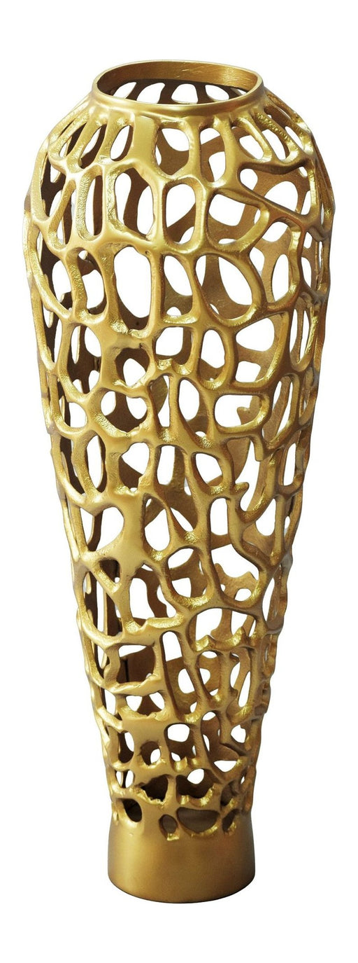 Bodenvase Aluminium 45 cm Gold – Design-Dekovase handgefertigt in Gesamtansicht mit durchbrochener goldener Oberflaeche.