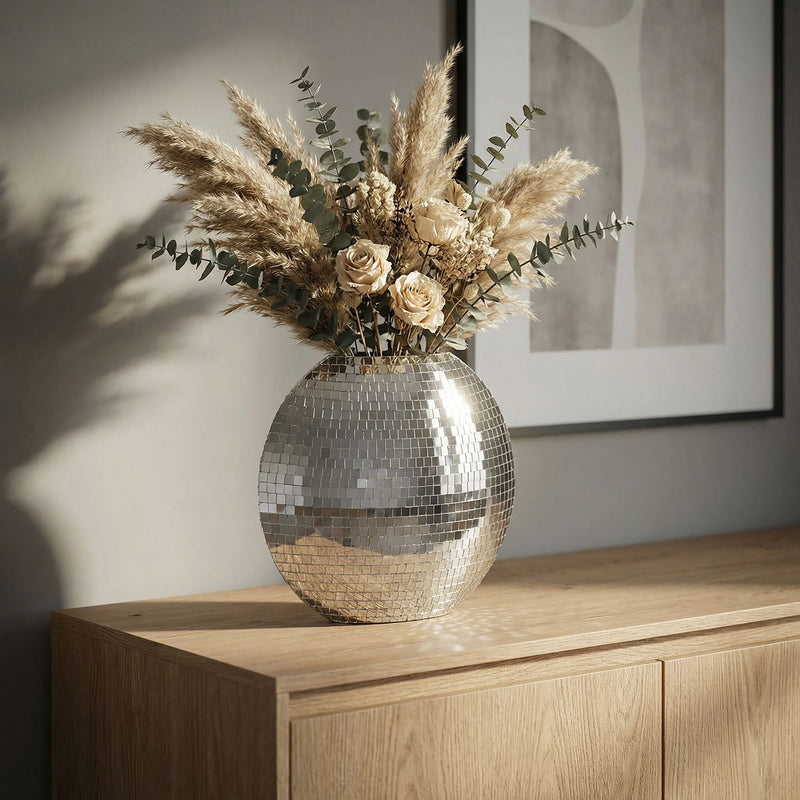 Tischvase Mosaik Silber, 40 cm – Dekovase aus Metall für Wohnzimmer