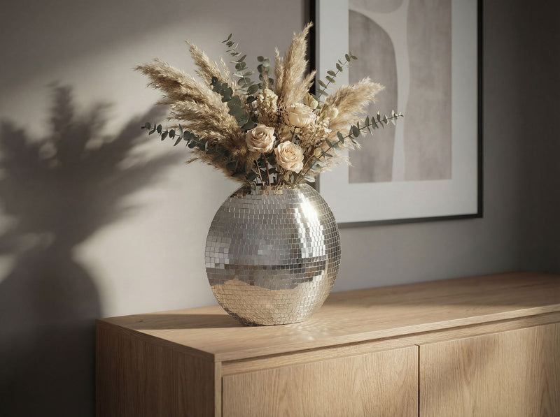 Tischvase Mosaik Silber, 40 cm – Dekovase aus Metall für Wohnzimmer