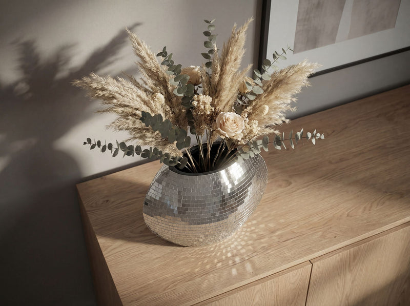 Tischvase Mosaik Silber, 40 cm – Dekovase aus Metall für Wohnzimmer