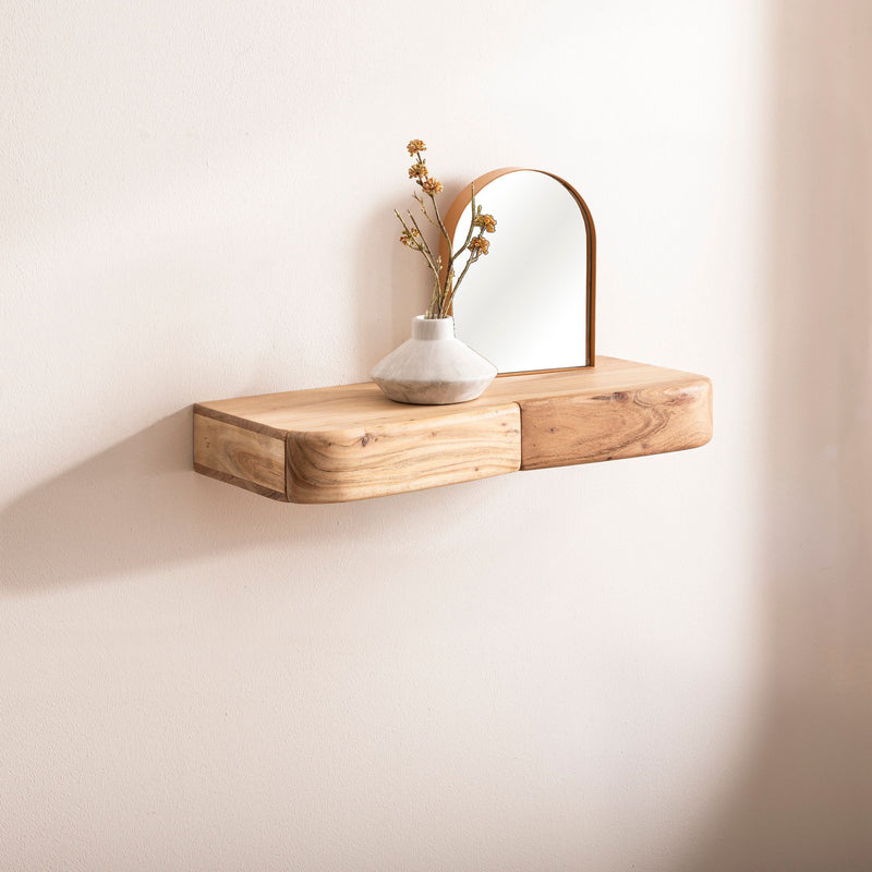 Wandregal Akazie 60 cm mit zwei Schubladen, Massivholz von Wohnling