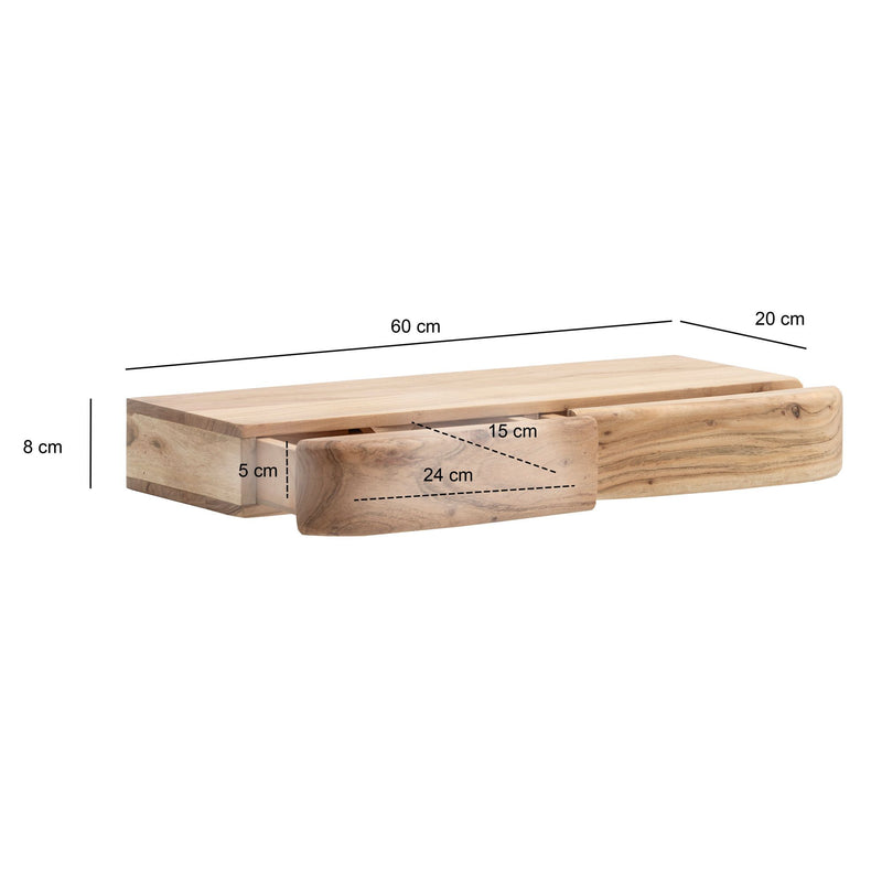 Wandregal Akazie 60 cm mit zwei Schubladen, Massivholz von Wohnling