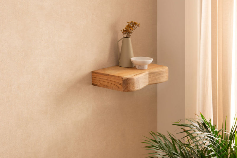 Wandregal Akazie Massivholz mit Schublade, 40 cm für Flur & Wohnzimmer
