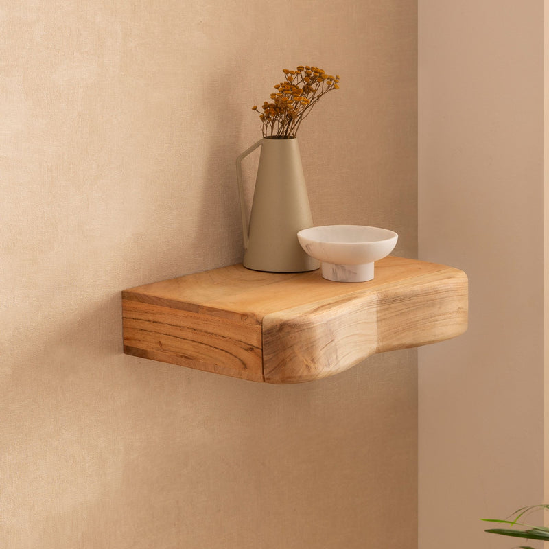 Wandregal Akazie Massivholz mit Schublade, 40 cm für Flur & Wohnzimmer