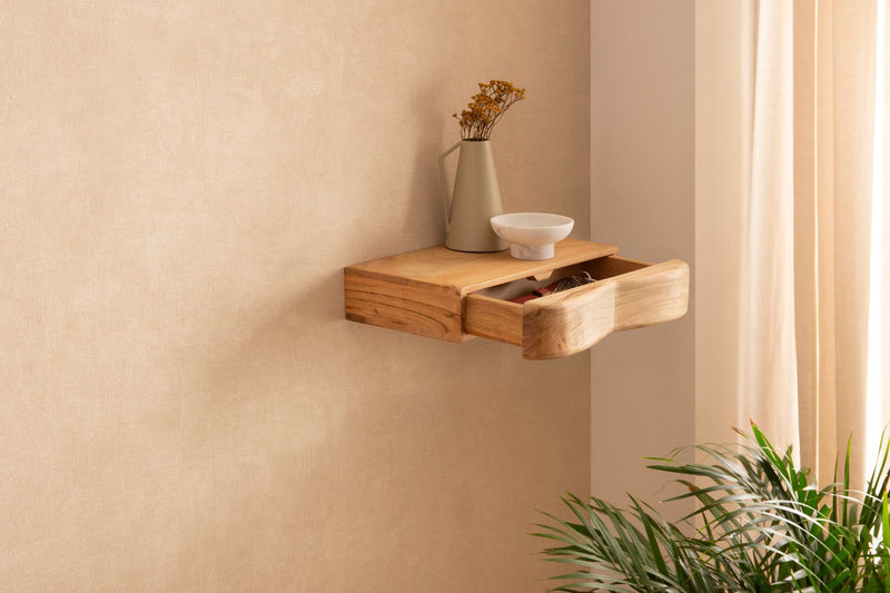 Wandregal Akazie Massivholz mit Schublade, 40 cm für Flur & Wohnzimmer