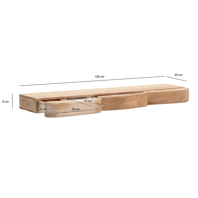 Wandregal Akazie Massivholz 100cm mit 3 Schubladen, schwebende Optik