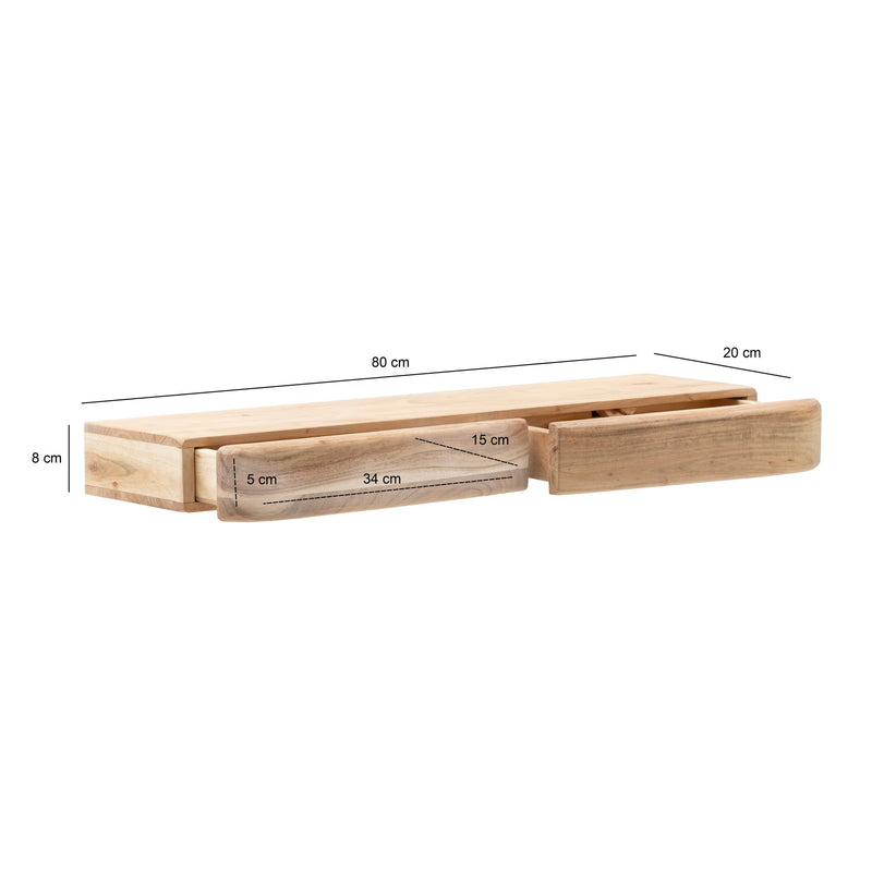 Wandregal Akazie Massivholz 80 cm mit zwei Schubladen für Flur