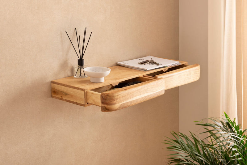 Wandregal Akazie Massivholz 80 cm mit zwei Schubladen für Flur