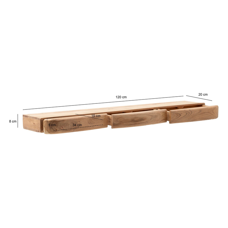 Wandregal Akazie 120 cm mit drei Schubladen, Massivholz-Hängeregal