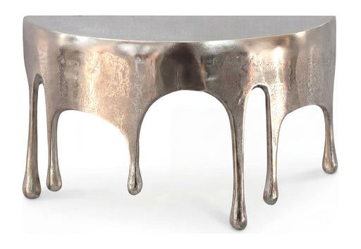 Wandregal Drops 35 cm aus Aluminium in Silber, Gesamtansicht mit charakteristischen tropfenförmigen Beinen von vorne.