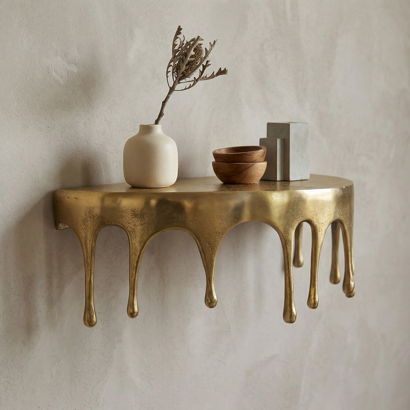 Wandregal Drops 45 cm aus Aluminium in Gold, Handmade Hängeregal