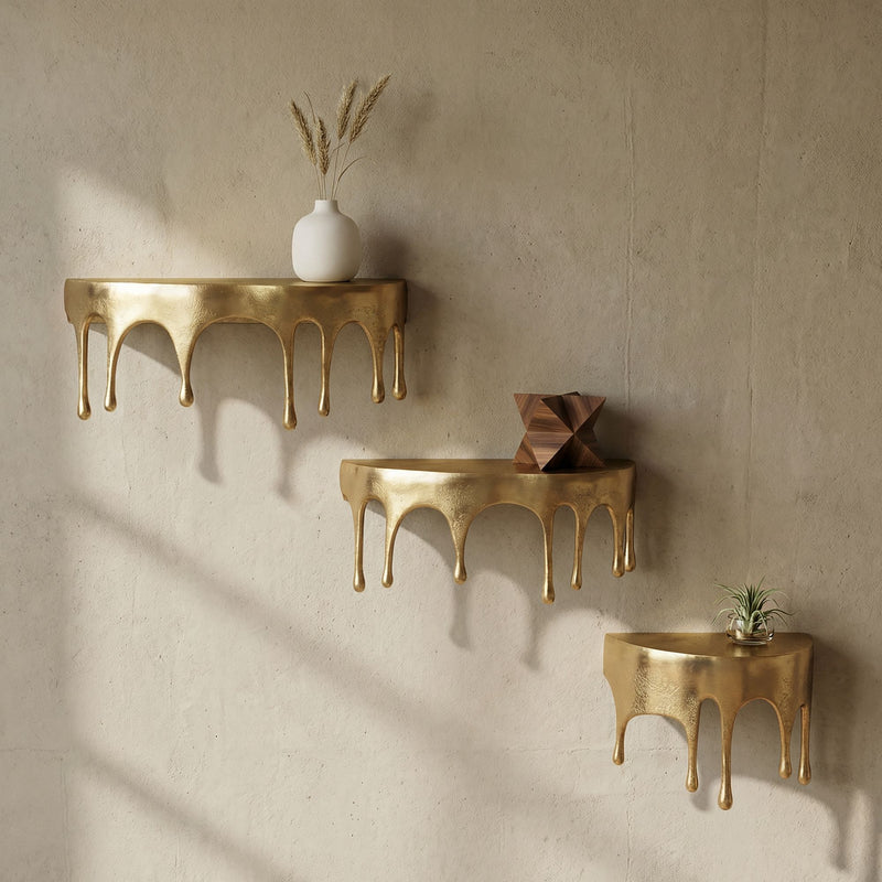 Wandregal Drops 3er-Set in Gold aus Aluminium für Flur & Wohnzimmer