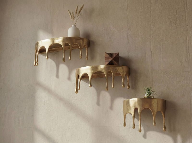 Wandregal Drops 3er-Set in Gold aus Aluminium für Flur & Wohnzimmer