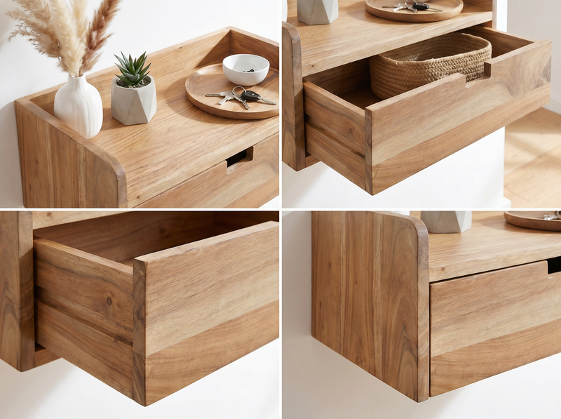 Wandregal Akazie Massivholz mit Schublade, 45x30 cm Schweberegal