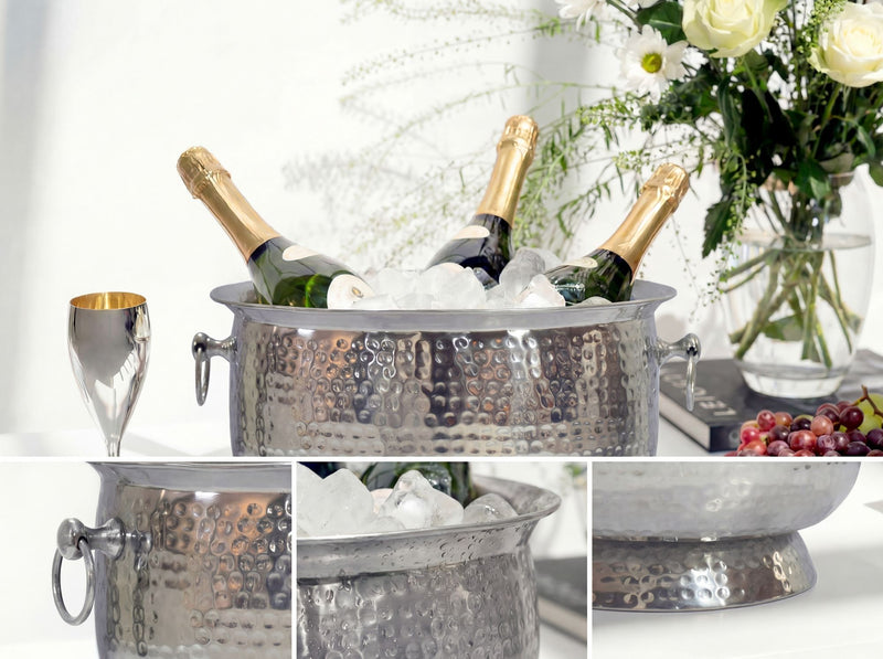 Champagnerkühler XXL Hammerschlag in Silber für bis zu 6 Flaschen