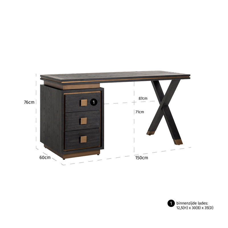 Schreibtisch Hunter Eichenfurnier black rustic mit 3 Schubladen