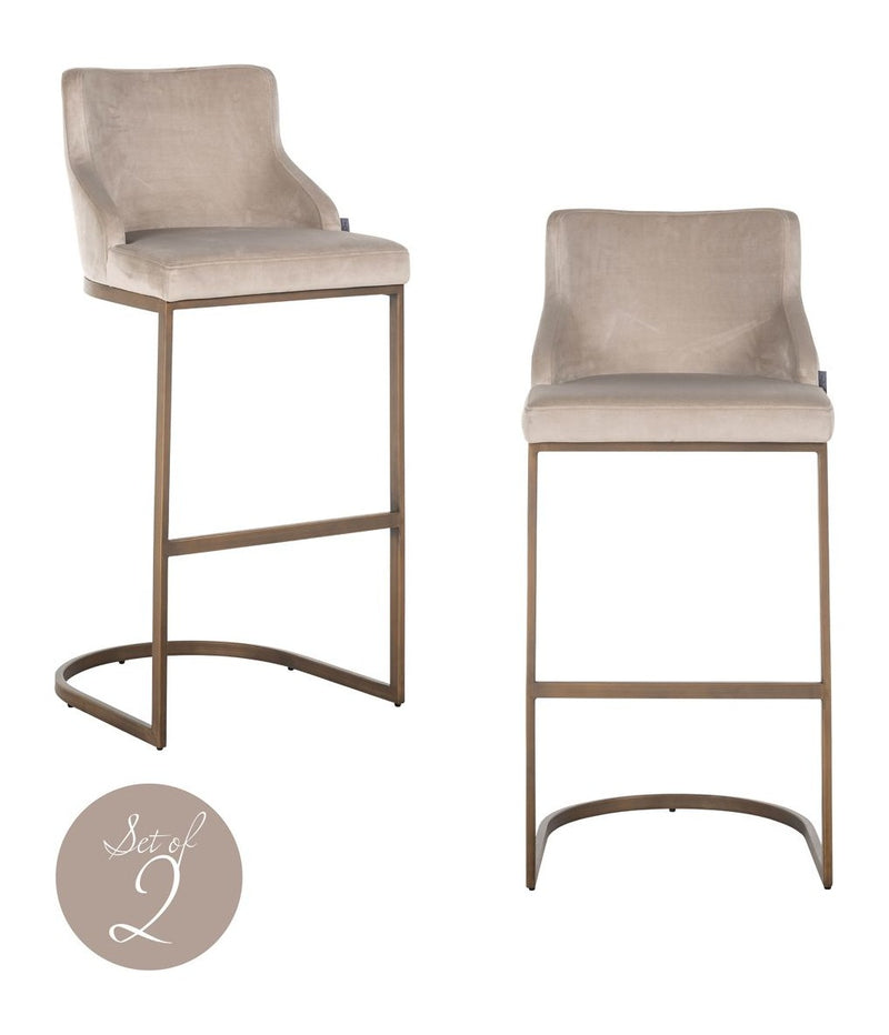 Barhocker Bolton khaki Samtvelours im 2er-Set, goldenes Gestell