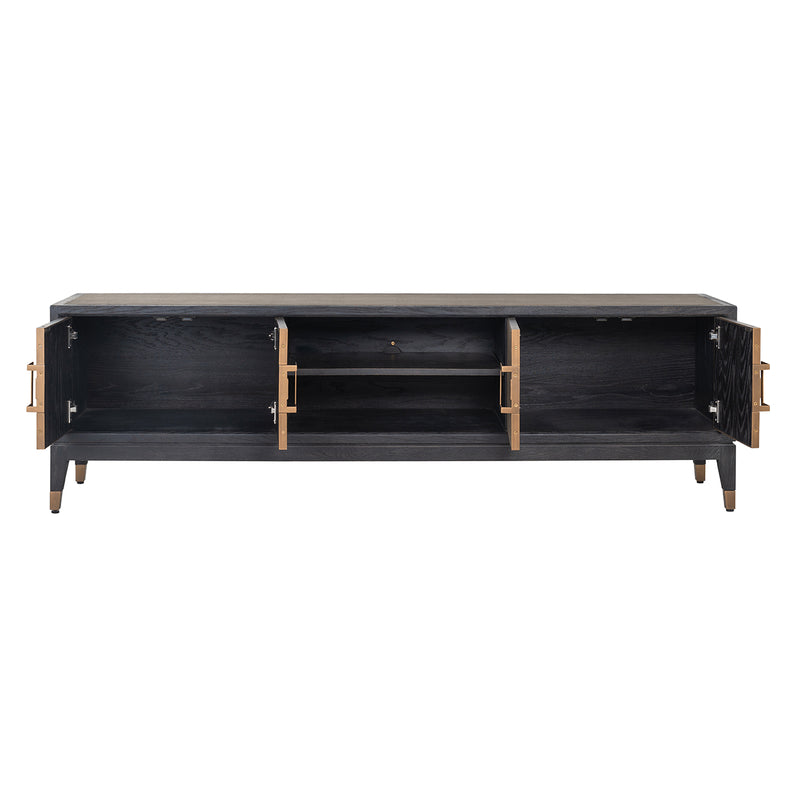 TV-Schrank Bloomville Brass Shagreen mit 4 Türen, Eiche & PU-Leder