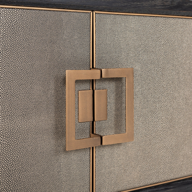 TV-Schrank Bloomville Brass Shagreen mit 4 Türen, Eiche & PU-Leder