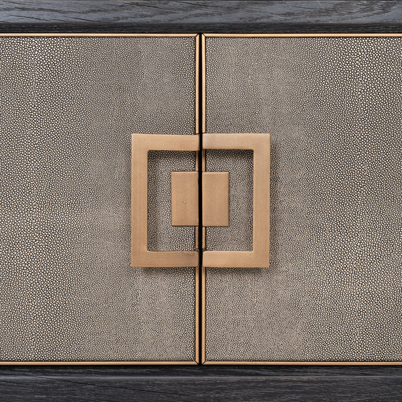 TV-Schrank Bloomville Brass Shagreen mit 4 Türen, Eiche & PU-Leder