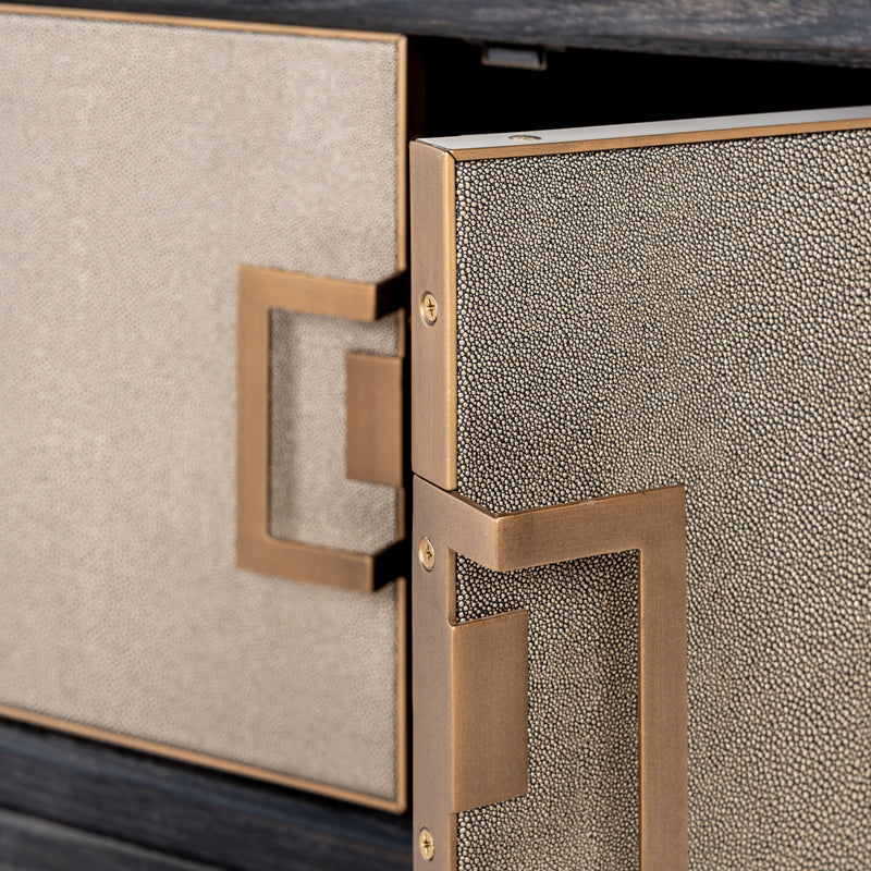 TV-Schrank Bloomville Brass Shagreen mit 4 Türen, Eiche & PU-Leder