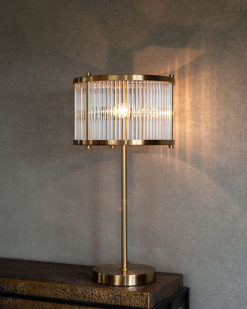 Richmond Tischlampe Loiza brushed gold – 3-flammig, Glas & Eisen