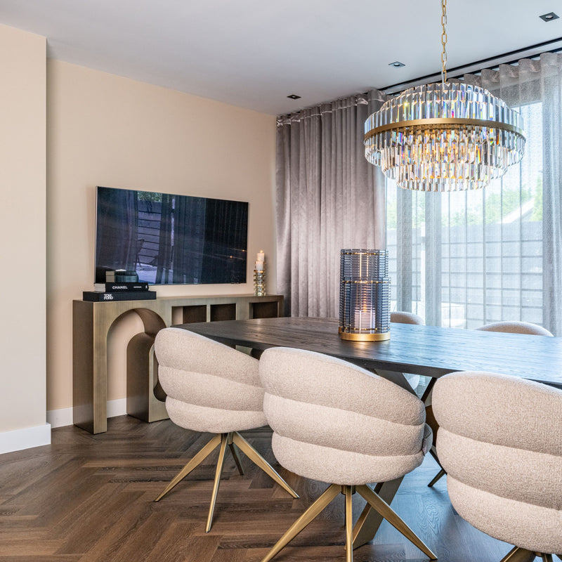 Pendelleuchte Desire brushed gold, 6-flammig mit Kristallanhängern