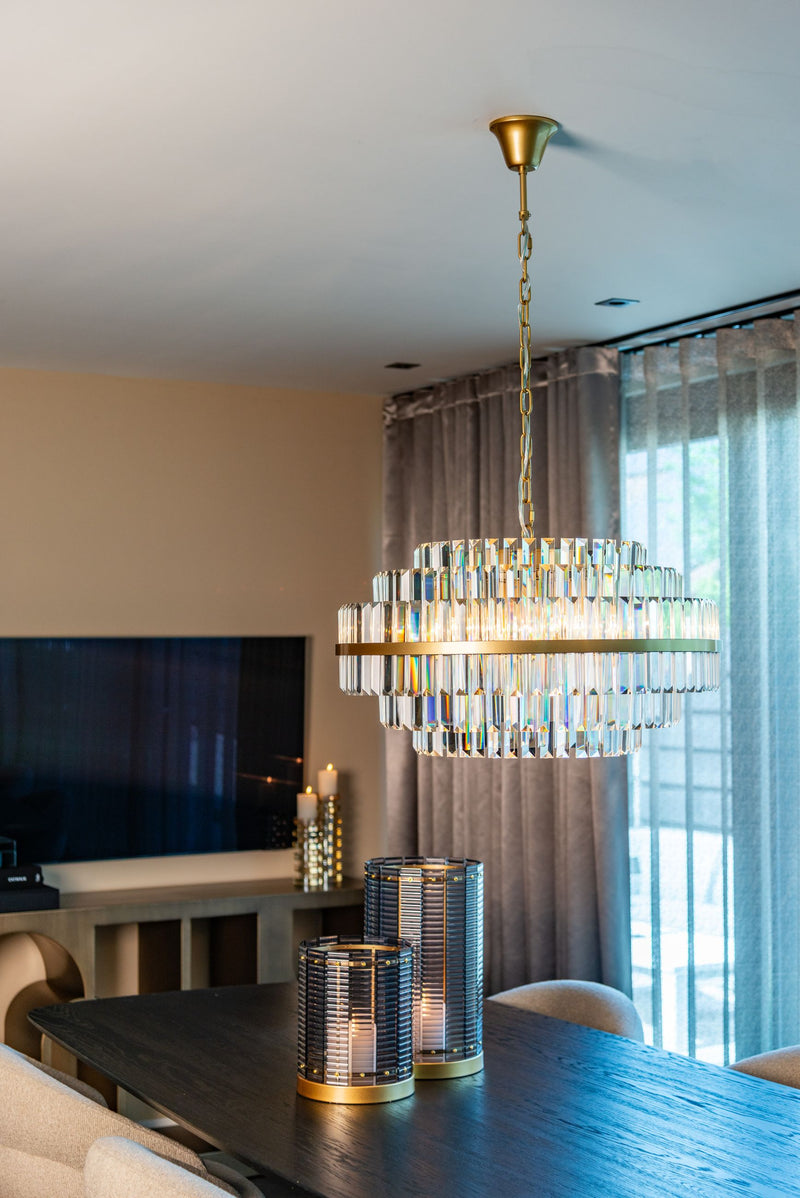 Pendelleuchte Desire brushed gold, 6-flammig mit Kristallanhängern