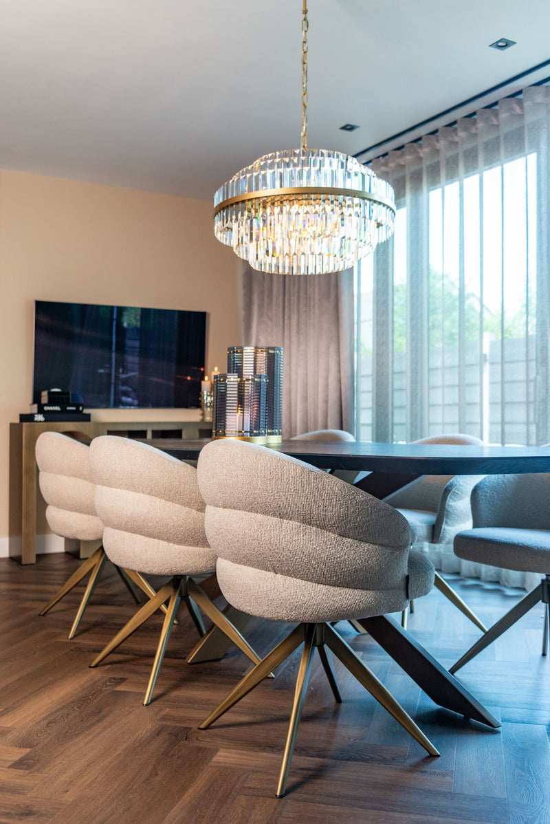 Pendelleuchte Desire brushed gold, 6-flammig mit Kristallanhängern