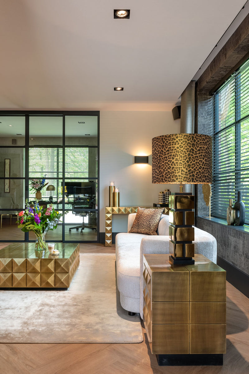 Nachttisch Collada brushed gold mit 3 Türen & Pyramidenmuster