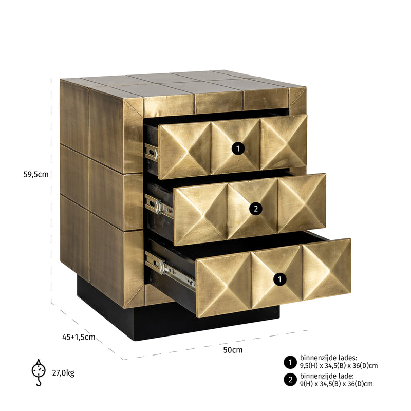 Nachttisch Collada brushed gold mit 3 Türen & Pyramidenmuster