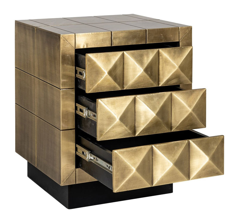 Nachttisch Collada brushed gold mit 3 Türen & Pyramidenmuster