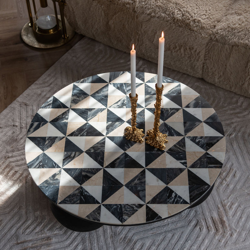 Richmond Beistelltisch Tempus gold – Marmor & Glas, Sanduhr-Design