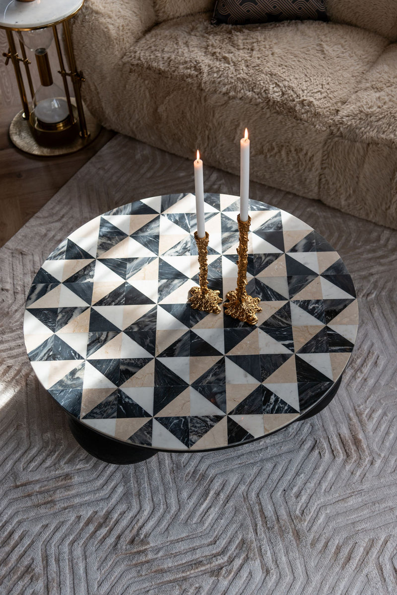 Richmond Beistelltisch Tempus gold – Marmor & Glas, Sanduhr-Design