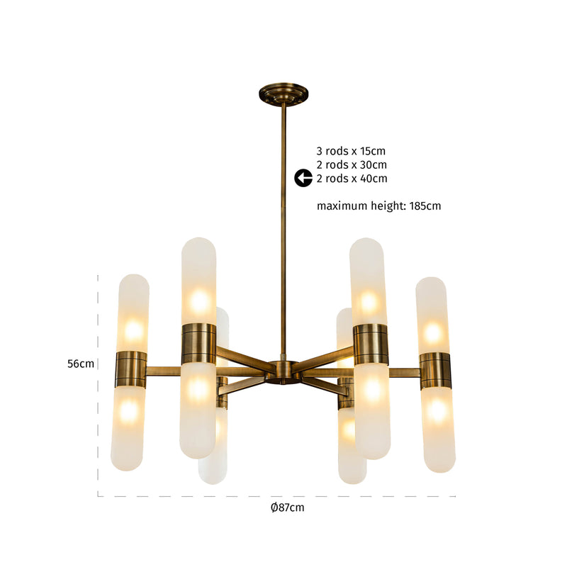 Pendelleuchte Tricon in Bronze mit 12 Flammen, Eisen & Glas
