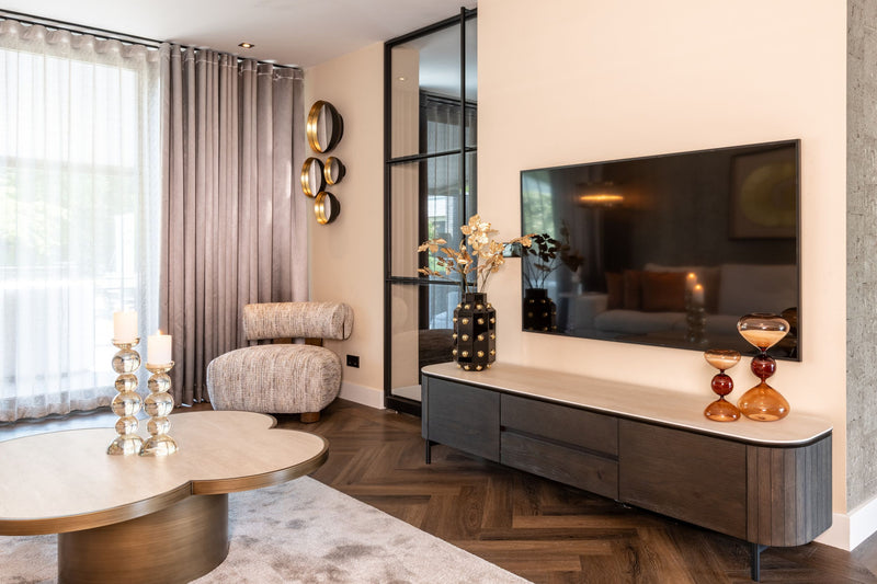 TV-Schrank Ritz braun mit Travertin-Keramikplatte & Eichenfurnier