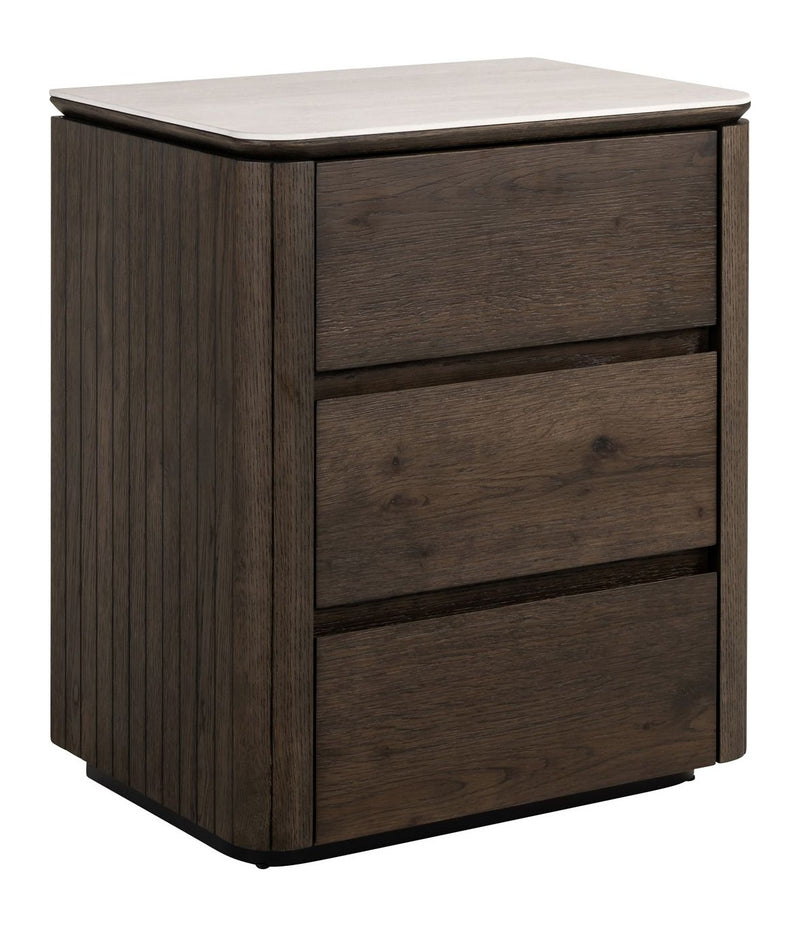 Nachttisch Ritz braun mit Travertin-Top, 3 Schubladen, Softclose