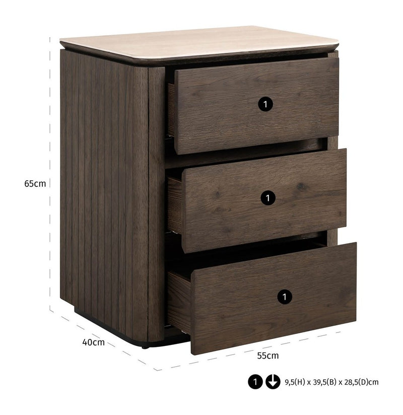 Nachttisch Ritz braun mit Travertin-Top, 3 Schubladen, Softclose