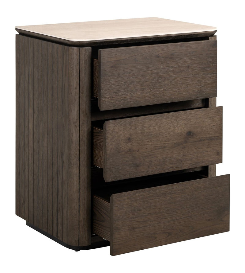 Nachttisch Ritz braun mit Travertin-Top, 3 Schubladen, Softclose