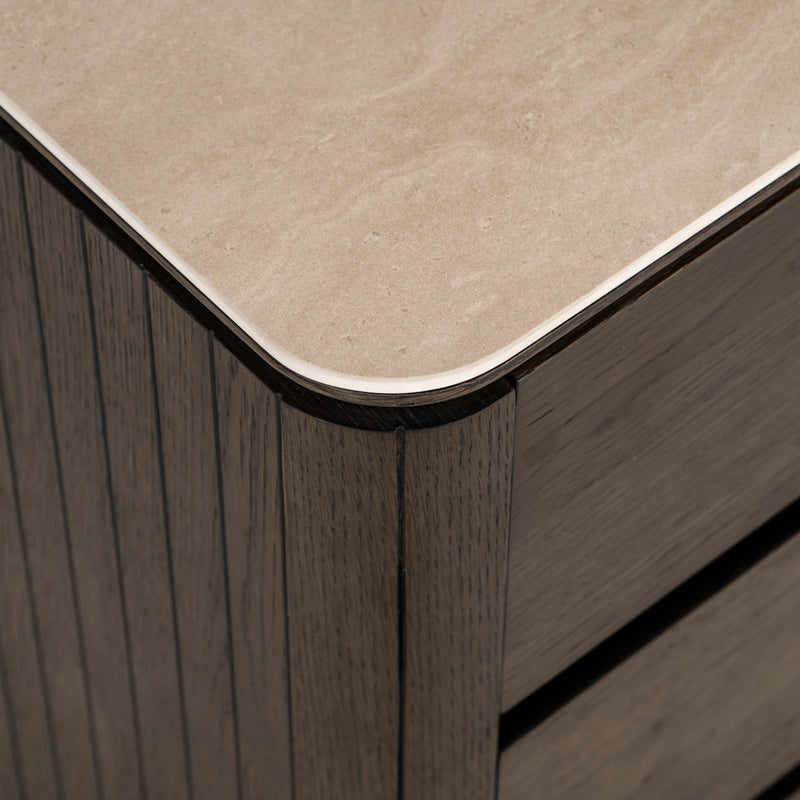 Nachttisch Ritz braun mit Travertin-Top, 3 Schubladen, Softclose