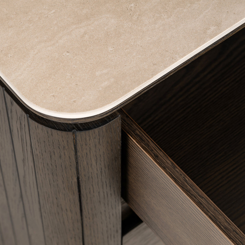 Nachttisch Ritz braun mit Travertin-Top, 3 Schubladen, Softclose
