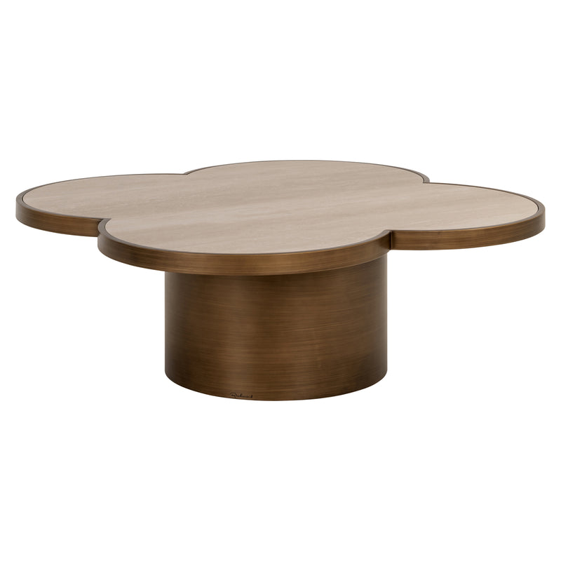 Couchtisch Clover Beige – Travertin-Optik, 120x120 cm, Eisen-Gestell