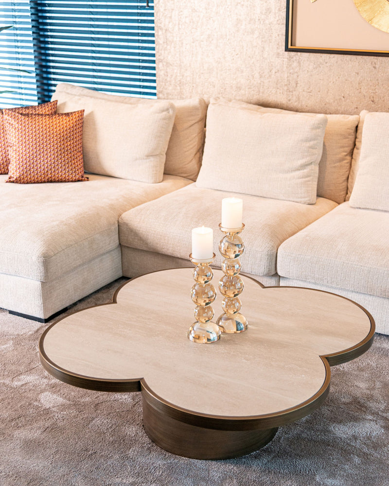 Couchtisch Clover Beige – Travertin-Optik, 120x120 cm, Eisen-Gestell